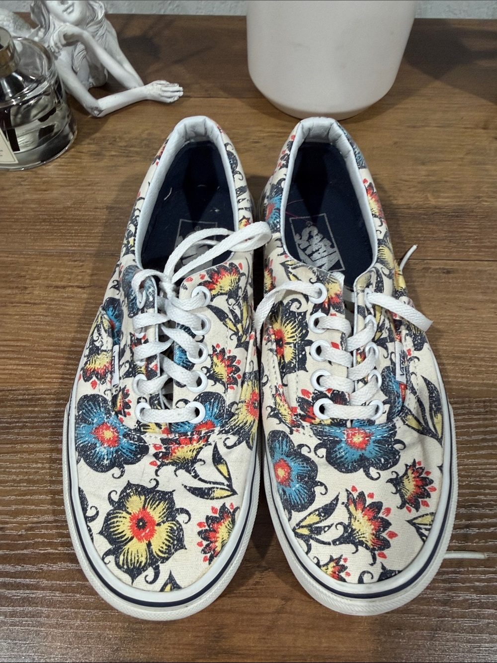 Vans Women’s Floral Canvas Sneakers - White with Blue & Yellow Accents